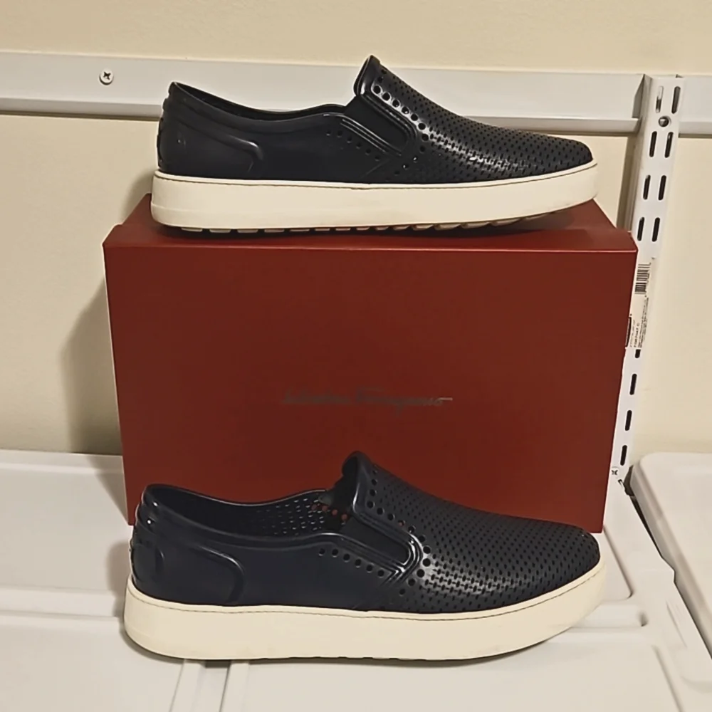 Salvatore Ferragamo 'Perforated Fury' Blue Rubber Boat Shoes Size US 9